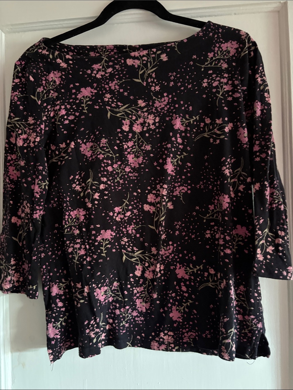 LOFT Black Floral Boatneck Top with Pink Blossoms